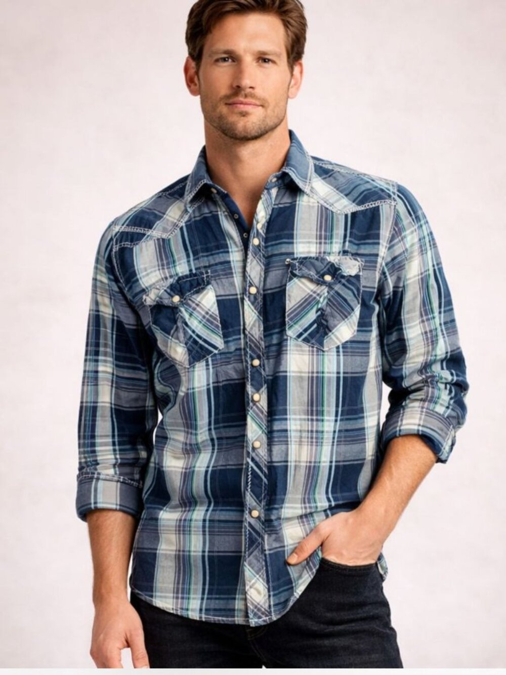 Buckle BKE Mens Athletic Fit Western Shirt Pearl Snap Blue Plaid Size L